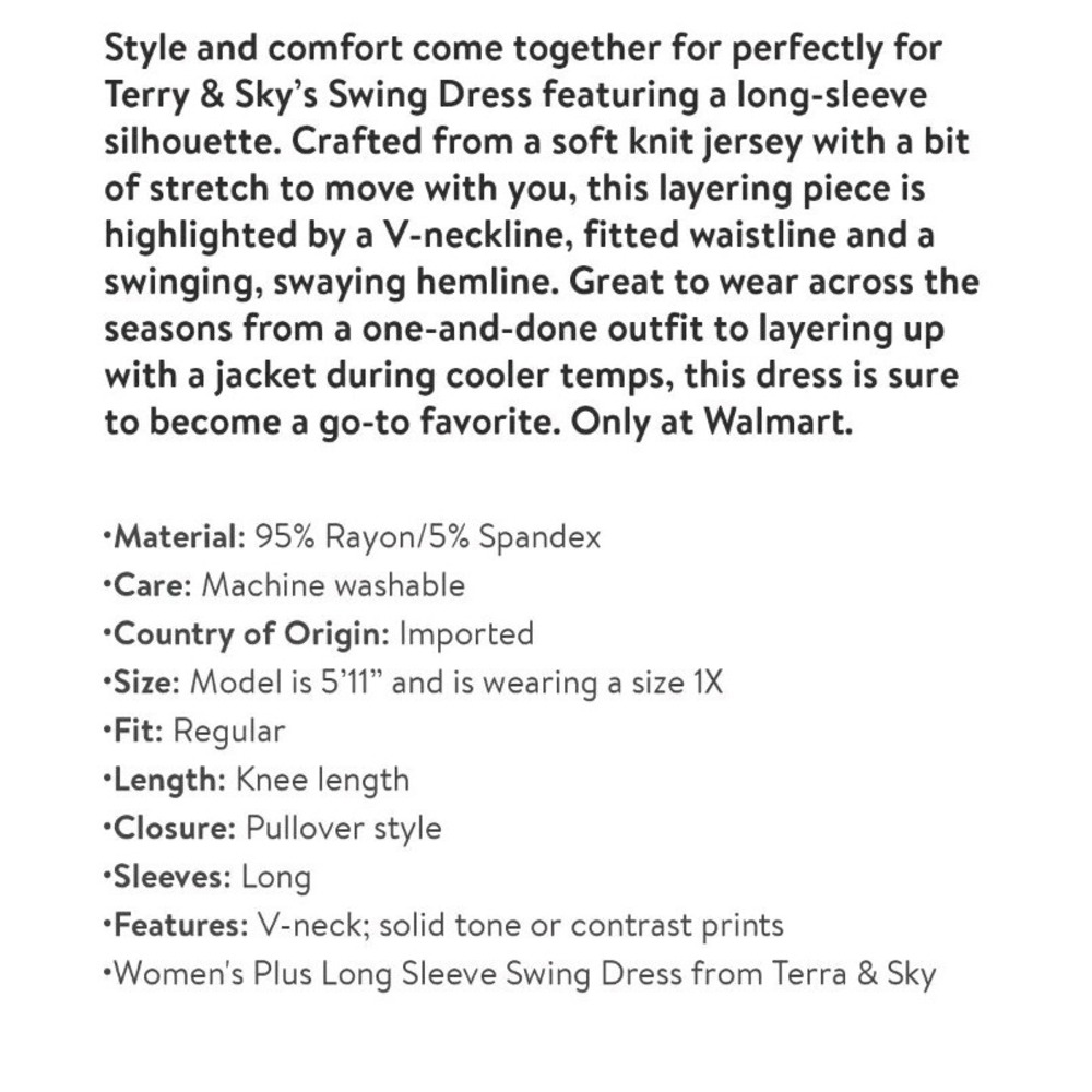 Terra & Sky Women's Plus Size 2X Black Long Sleeve Swing Dress New With Tag - B‎ - Picture 2 of 8